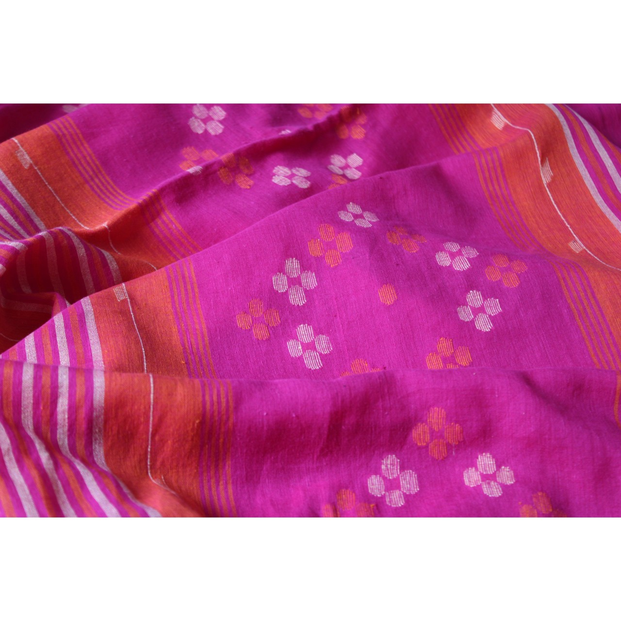 (1156) Cotton Azo-free dyed Jamdani sari from Burdwan with cotton motifs - Pink, yellow, orange