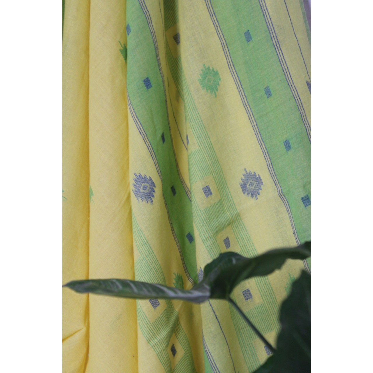 (1158) Cotton Azo-free dyed Jamdani sari from Burdwan with cotton motifs - Lemon yellow, sap green, indigo