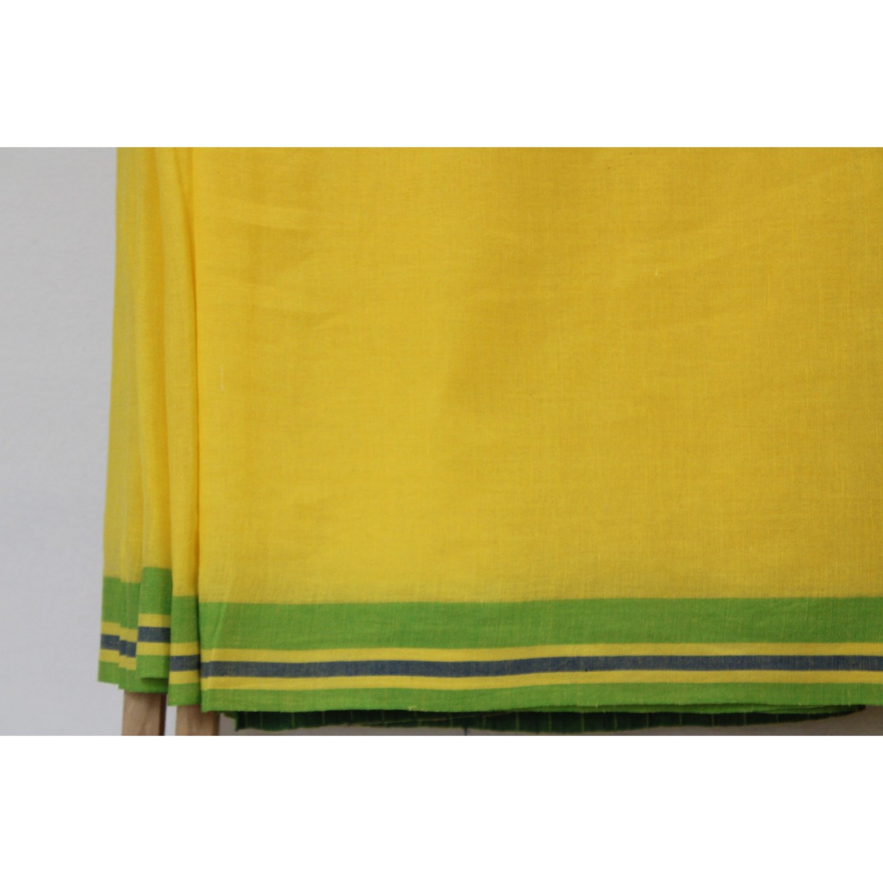 (1158) Cotton Azo-free dyed Jamdani sari from Burdwan with cotton motifs - Lemon yellow, sap green, indigo