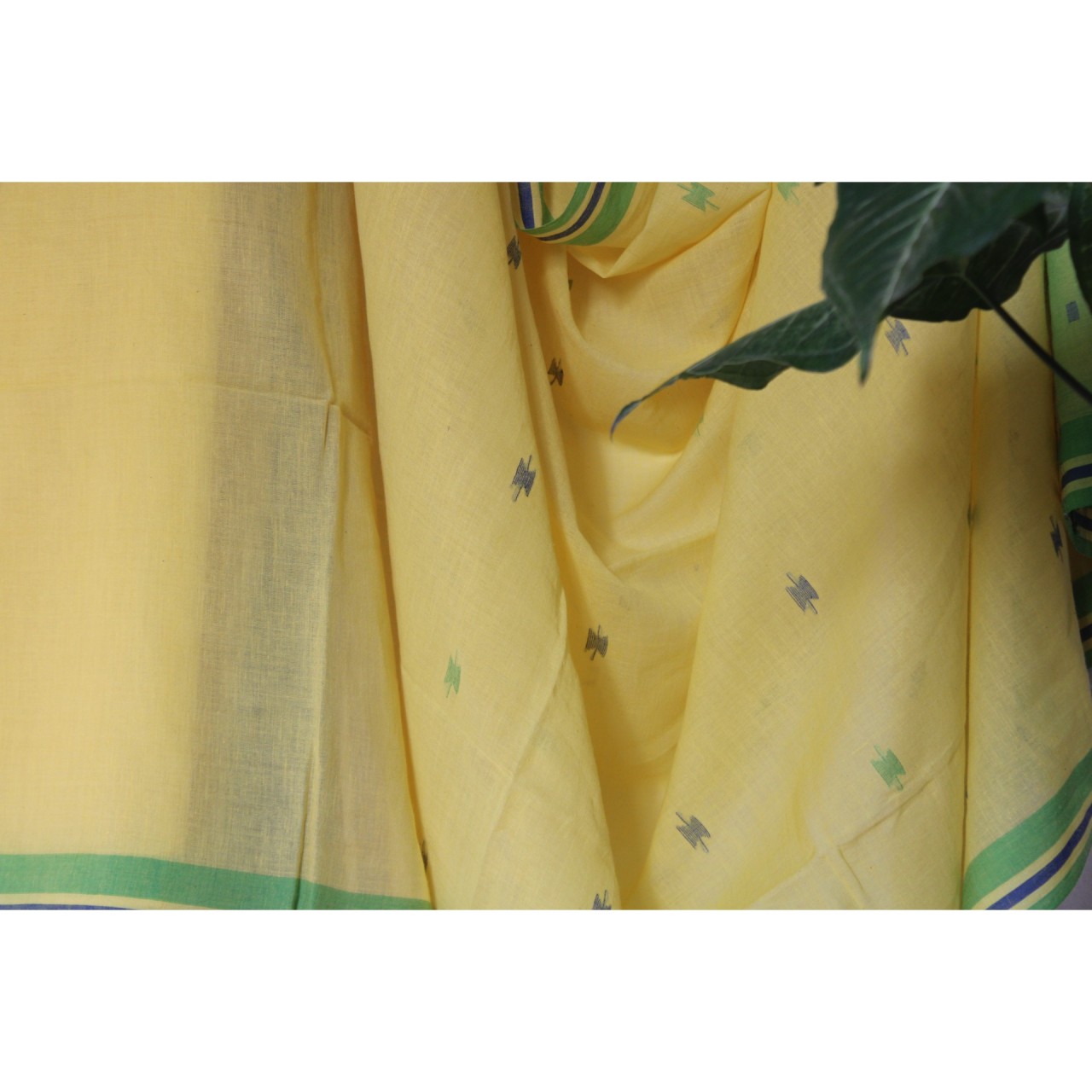 (1158) Cotton Azo-free dyed Jamdani sari from Burdwan with cotton motifs - Lemon yellow, sap green, indigo