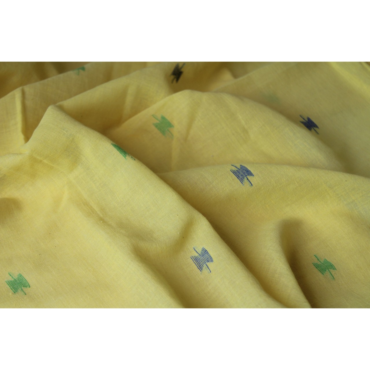 (1158) Cotton Azo-free dyed Jamdani sari from Burdwan with cotton motifs - Lemon yellow, sap green, indigo