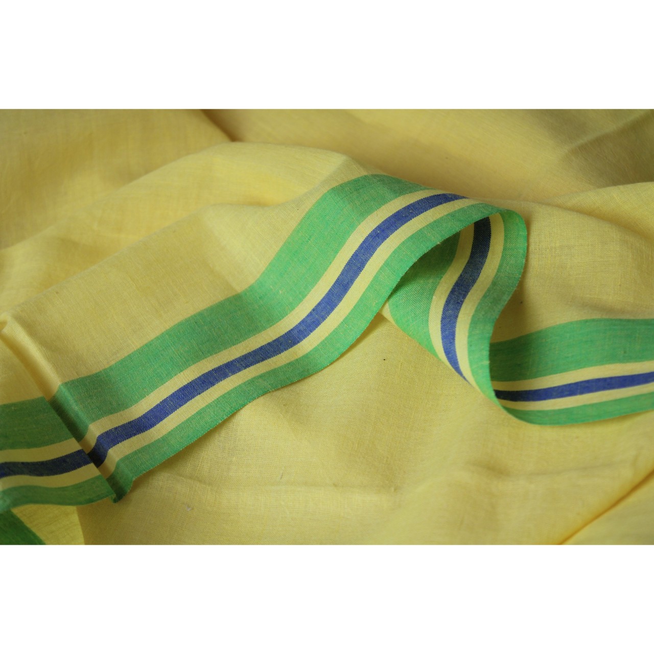 (1158) Cotton Azo-free dyed Jamdani sari from Burdwan with cotton motifs - Lemon yellow, sap green, indigo