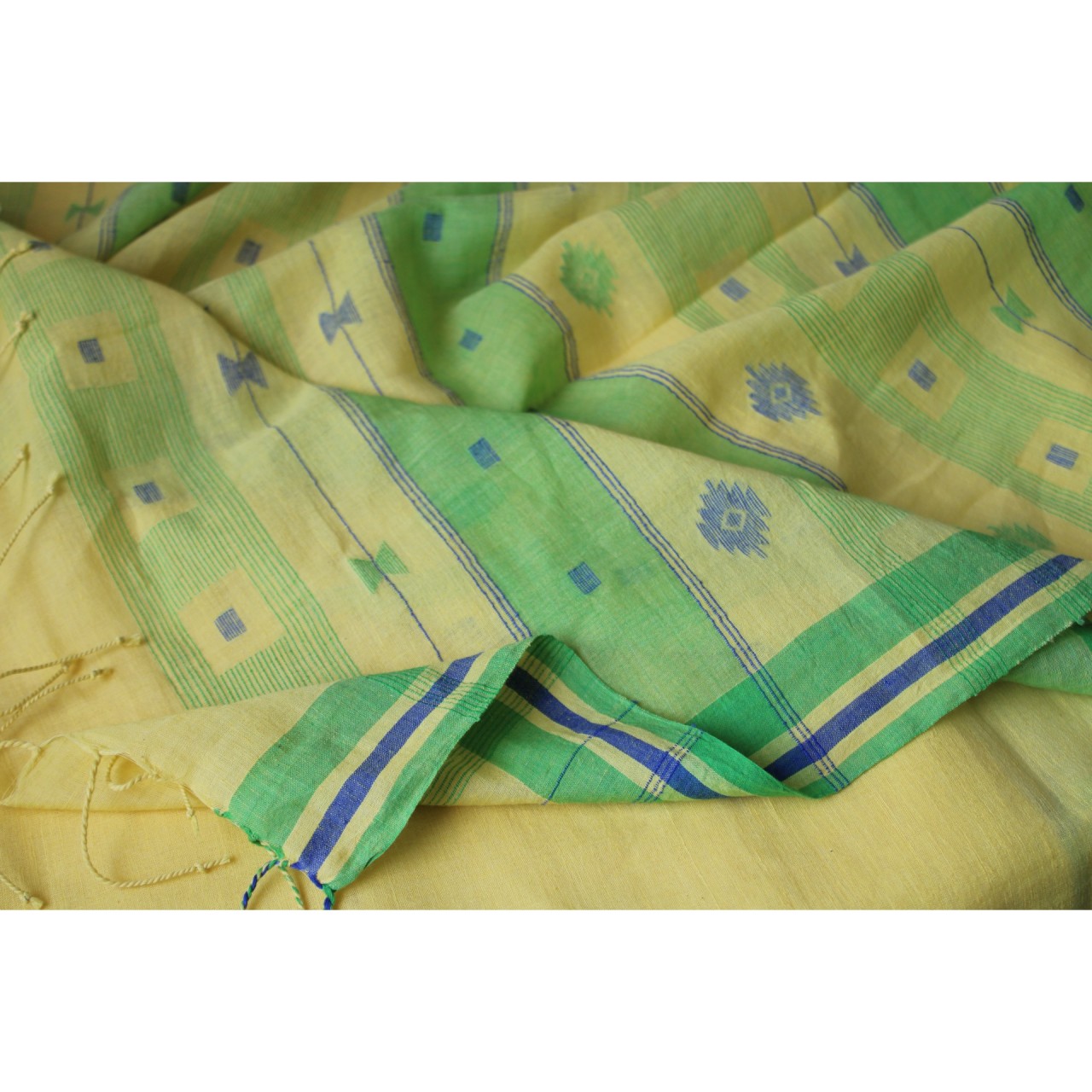 (1158) Cotton Azo-free dyed Jamdani sari from Burdwan with cotton motifs - Lemon yellow, sap green, indigo