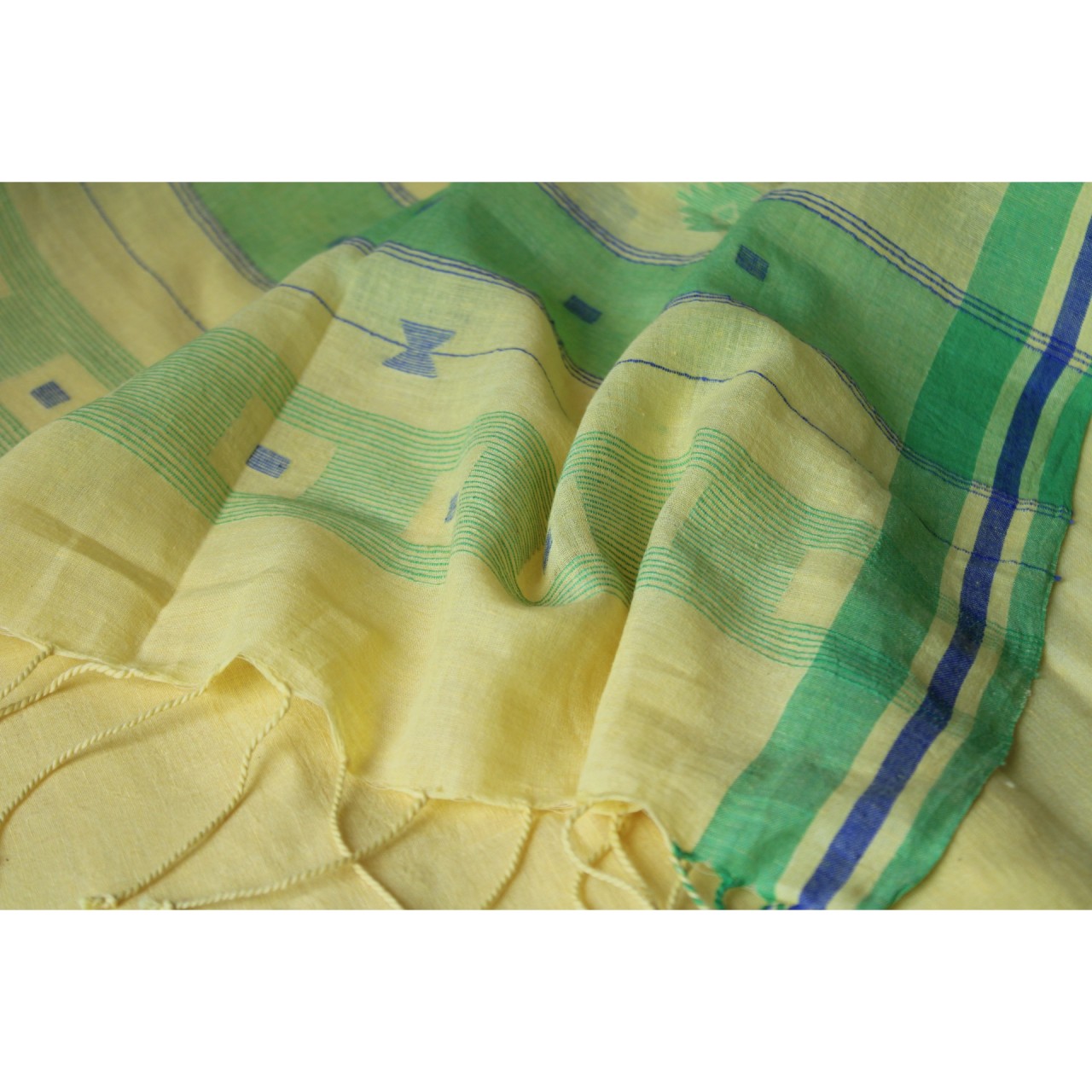 (1158) Cotton Azo-free dyed Jamdani sari from Burdwan with cotton motifs - Lemon yellow, sap green, indigo