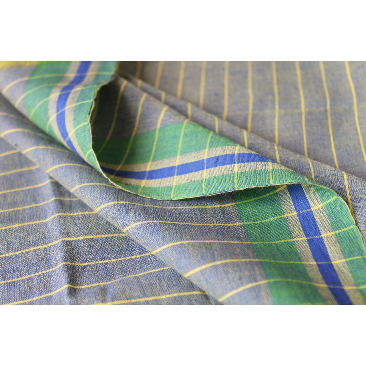 (1158) Cotton Azo-free dyed Jamdani sari from Burdwan with cotton motifs - Lemon yellow, sap green, indigo
