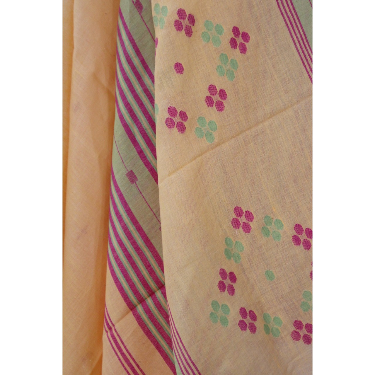 (1159) Cotton Azo-free dyed Jamdani sari from Burdwan with cotton motifs - Mustard yellow, pink, green