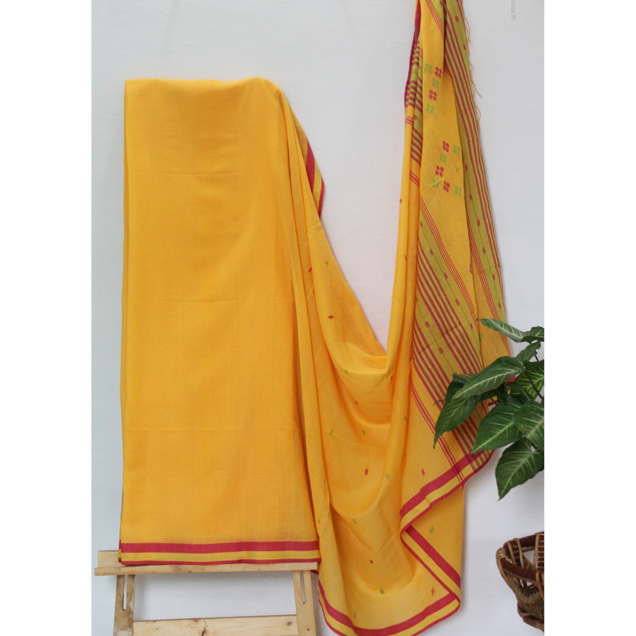 (1159) Cotton Azo-free dyed Jamdani sari from Burdwan with cotton motifs - Mustard yellow, pink, green