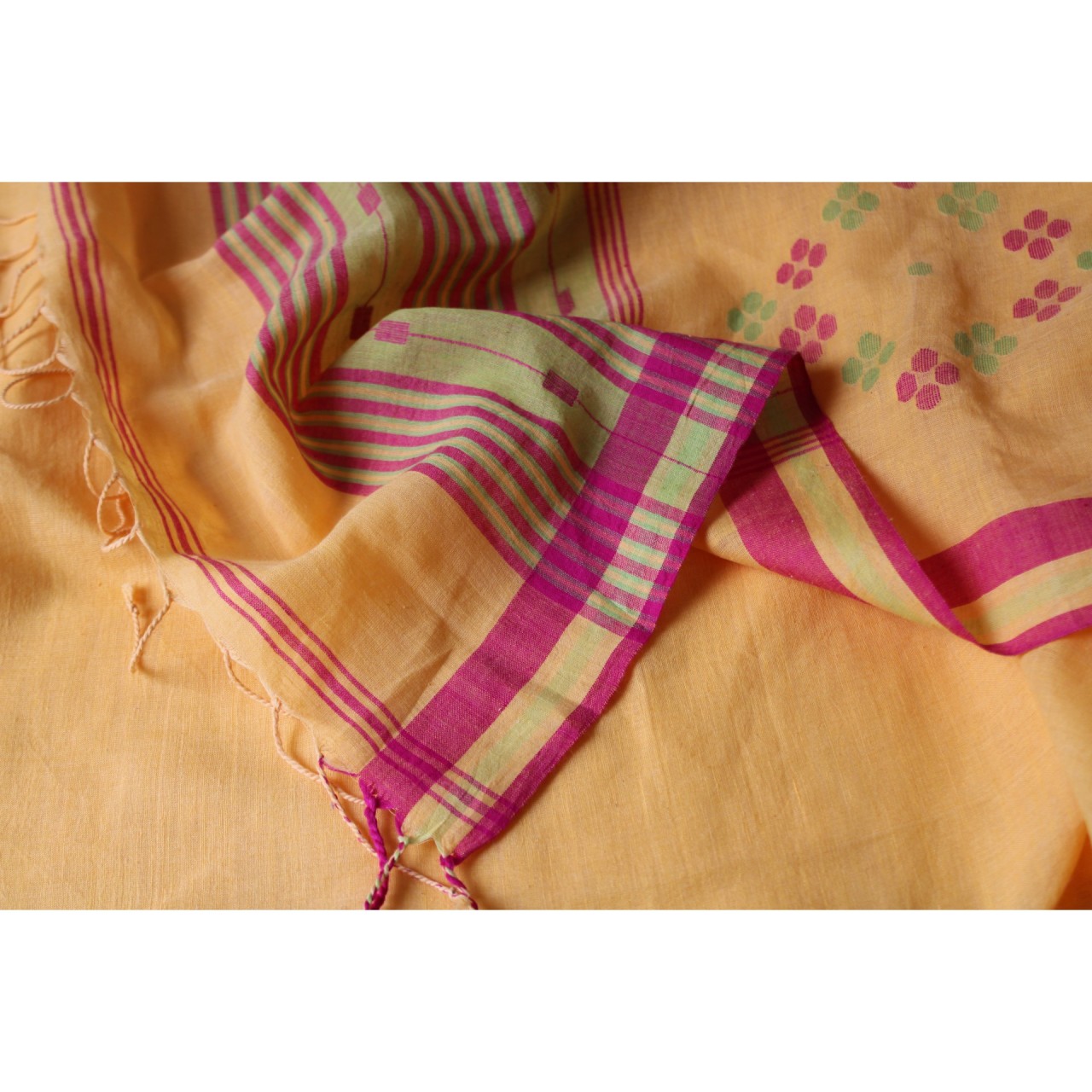 (1159) Cotton Azo-free dyed Jamdani sari from Burdwan with cotton motifs - Mustard yellow, pink, green