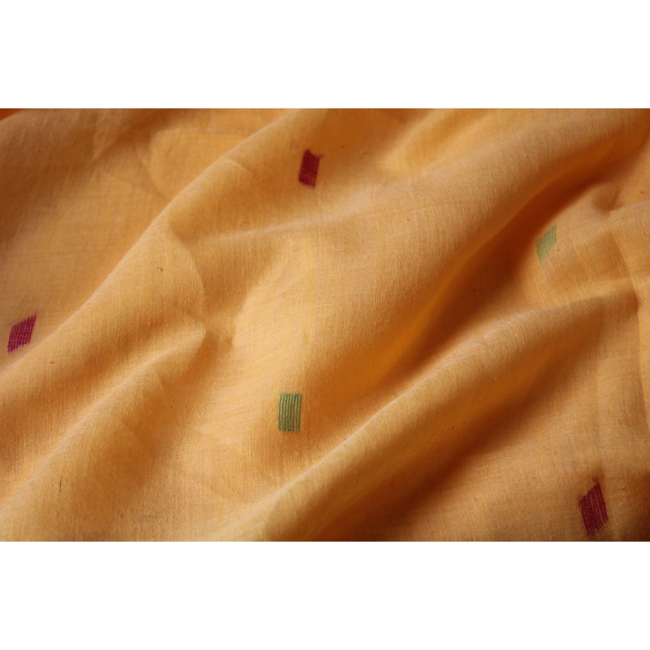(1159) Cotton Azo-free dyed Jamdani sari from Burdwan with cotton motifs - Mustard yellow, pink, green