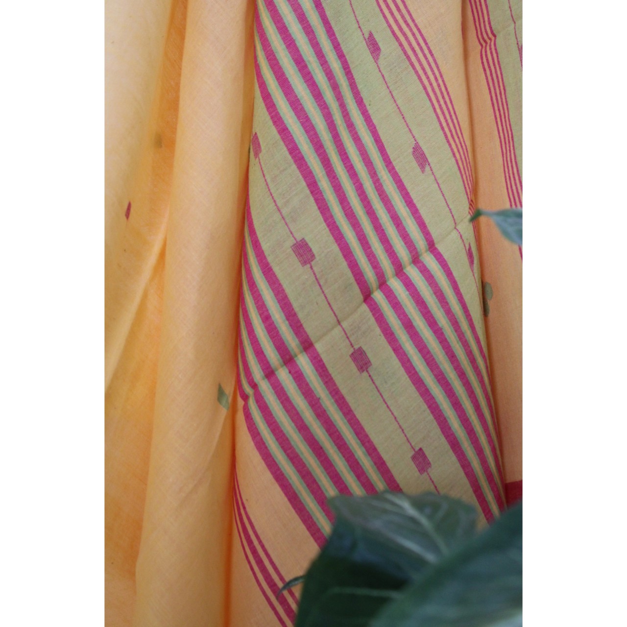 (1159) Cotton Azo-free dyed Jamdani sari from Burdwan with cotton motifs - Mustard yellow, pink, green
