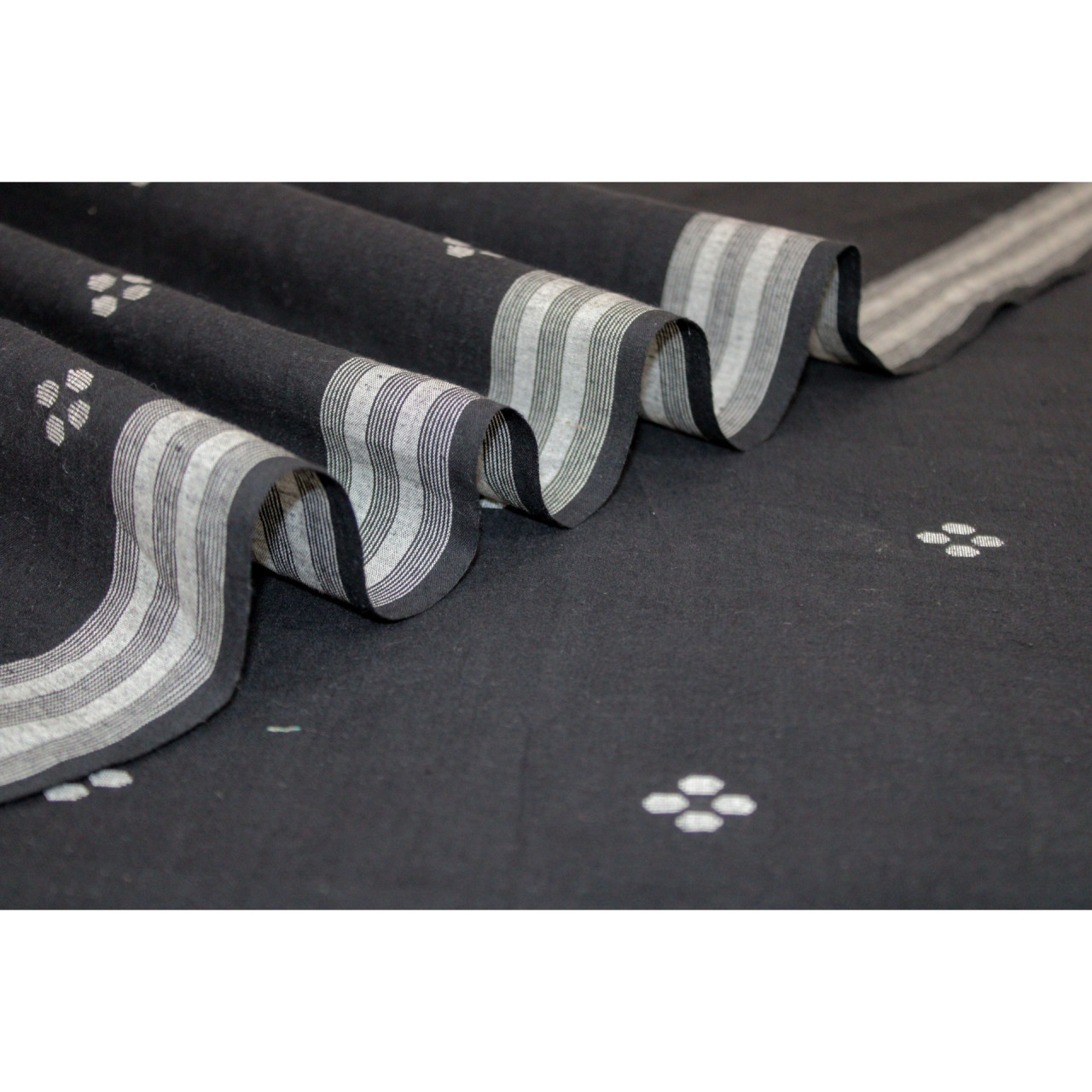 (1580) Cotton Azo-free dyed Jamdani yardage from Burdwan with cotton motifs and cotton motifs - Black, white, motif, stripes