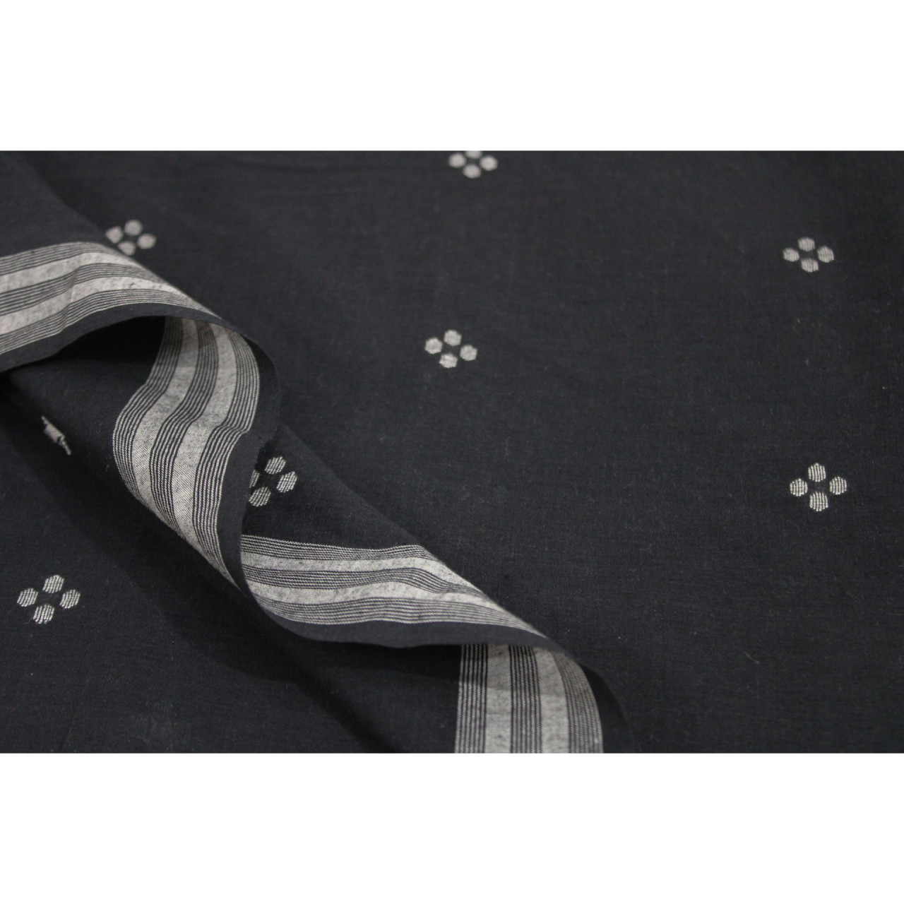(1580) Cotton Azo-free dyed Jamdani yardage from Burdwan with cotton motifs and cotton motifs - Black, white, motif, stripes