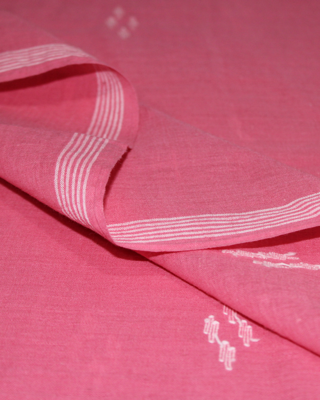 (2279) Cotton Azo-free dyed Jamdani yardage from Burdwan with cotton extra-weft - Pink, white, motif, stripes, border, selvedge