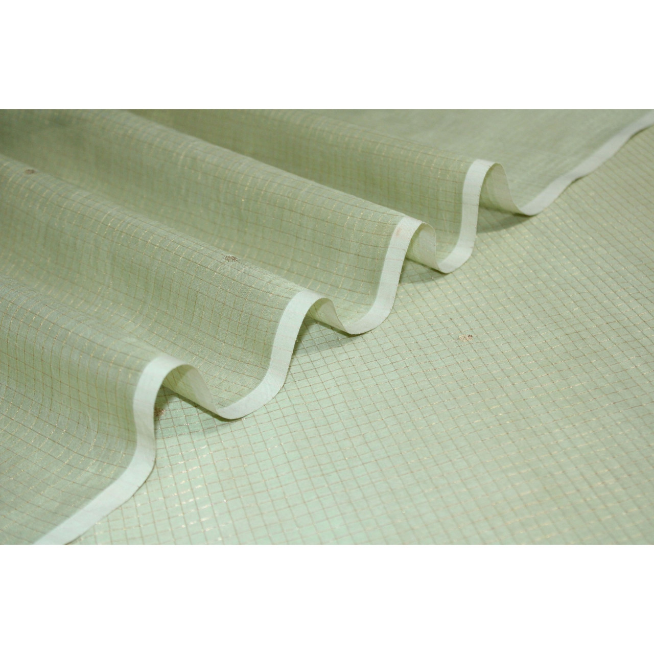 (180) Mulberry silk, zari, cotton Azo free dyed Chanderi yardage with Zari motif - Pistachio green, checks, horizontal stripes, vertical stripes