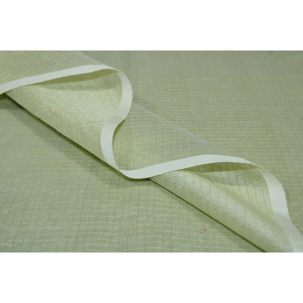 (180) Mulberry silk, zari, cotton Azo free dyed Chanderi yardage with Zari motif - Pistachio green, checks, horizontal stripes, vertical stripes