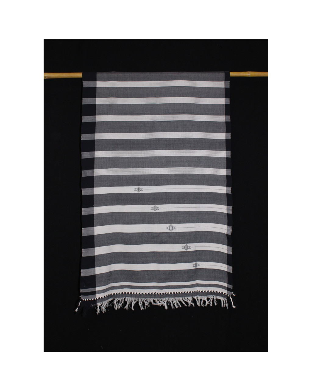 (1212) Cotton Azo-free dyed Kutchy stole from Kutch with cotton motifs and cotton motifs - Black, white, stripes, motif