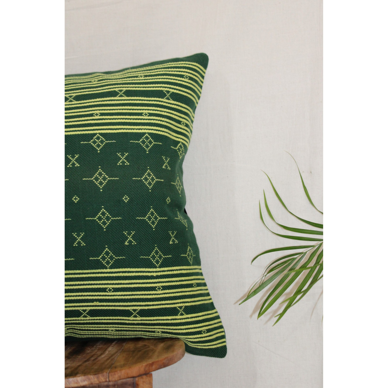 (1468) Kala cotton Azo-free dyed Kutchy cushion cover from Kutch with kala cotton extra-weft - Green, yellow, motif