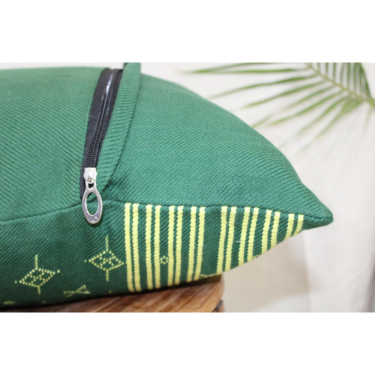 (1468) Kala cotton Azo-free dyed Kutchy cushion cover from Kutch with kala cotton extra-weft - Green, yellow, motif