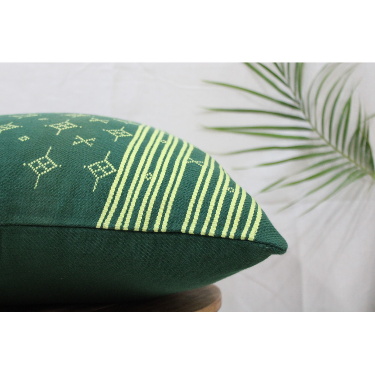 (1468) Kala cotton Azo-free dyed Kutchy cushion cover from Kutch with kala cotton extra-weft - Green, yellow, motif