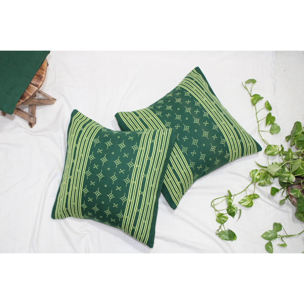 (1468) Kala cotton Azo-free dyed Kutchy cushion cover from Kutch with kala cotton extra-weft - Green, yellow, motif