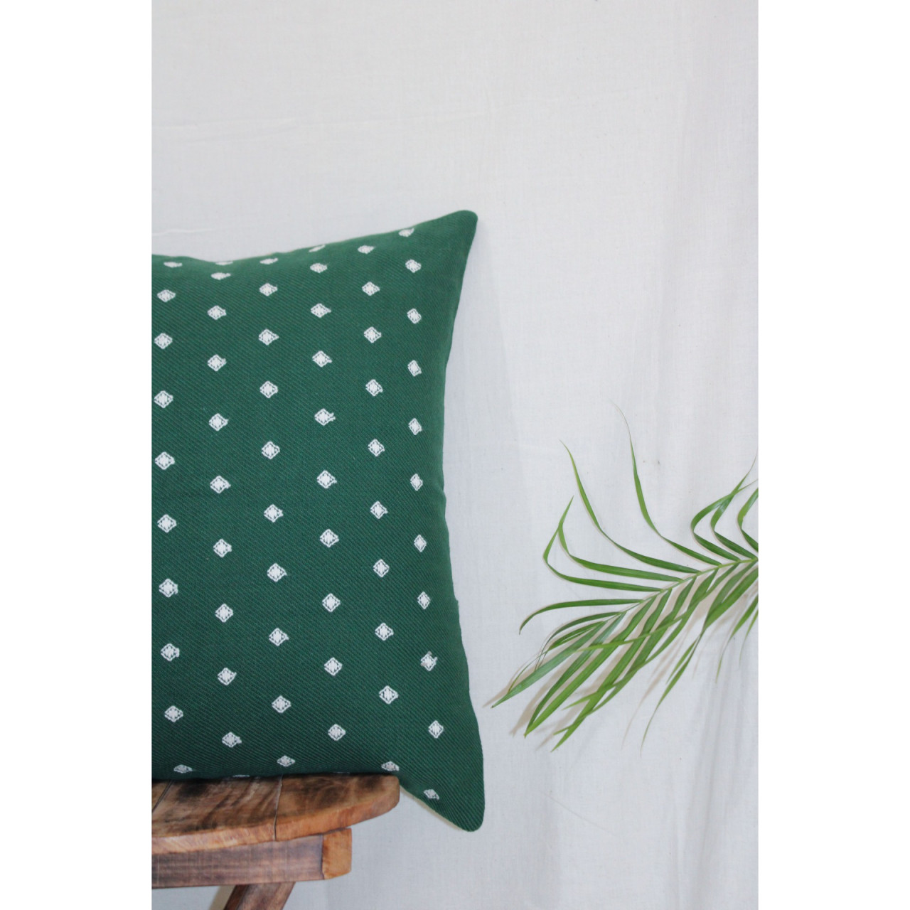 (1469) Cotton Azo-free dyed Kutchy cushion cover from Kutch with kala cotton extra-weft - Green, white, motif
