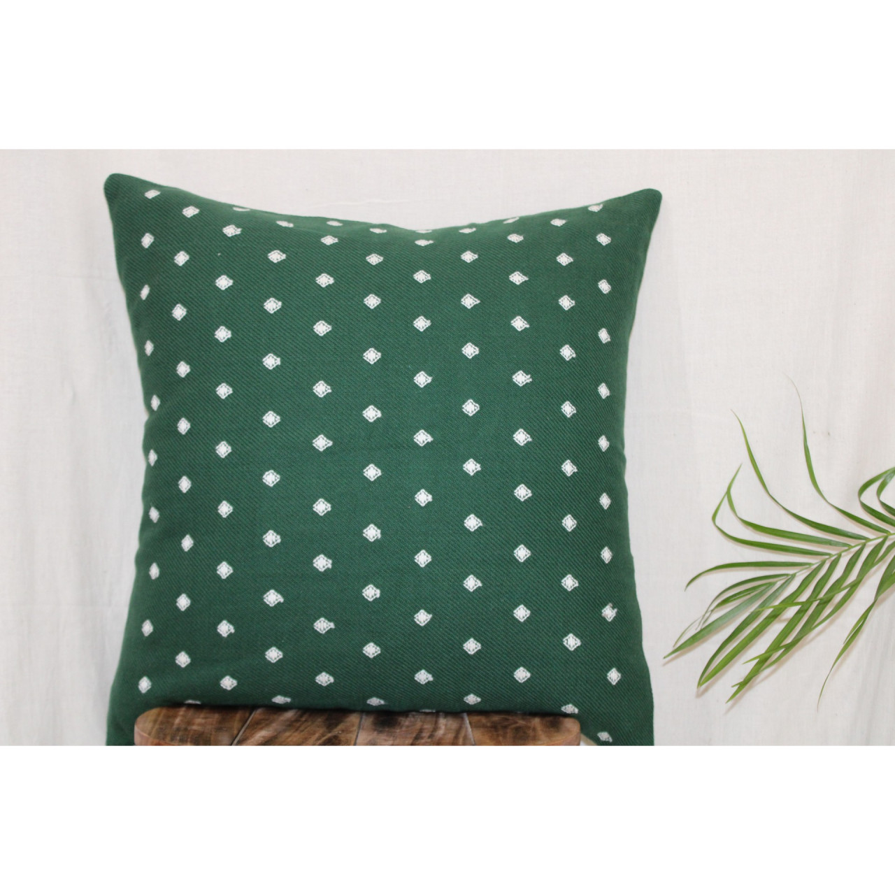(1469) Cotton Azo-free dyed Kutchy cushion cover from Kutch with kala cotton extra-weft - Green, white, motif