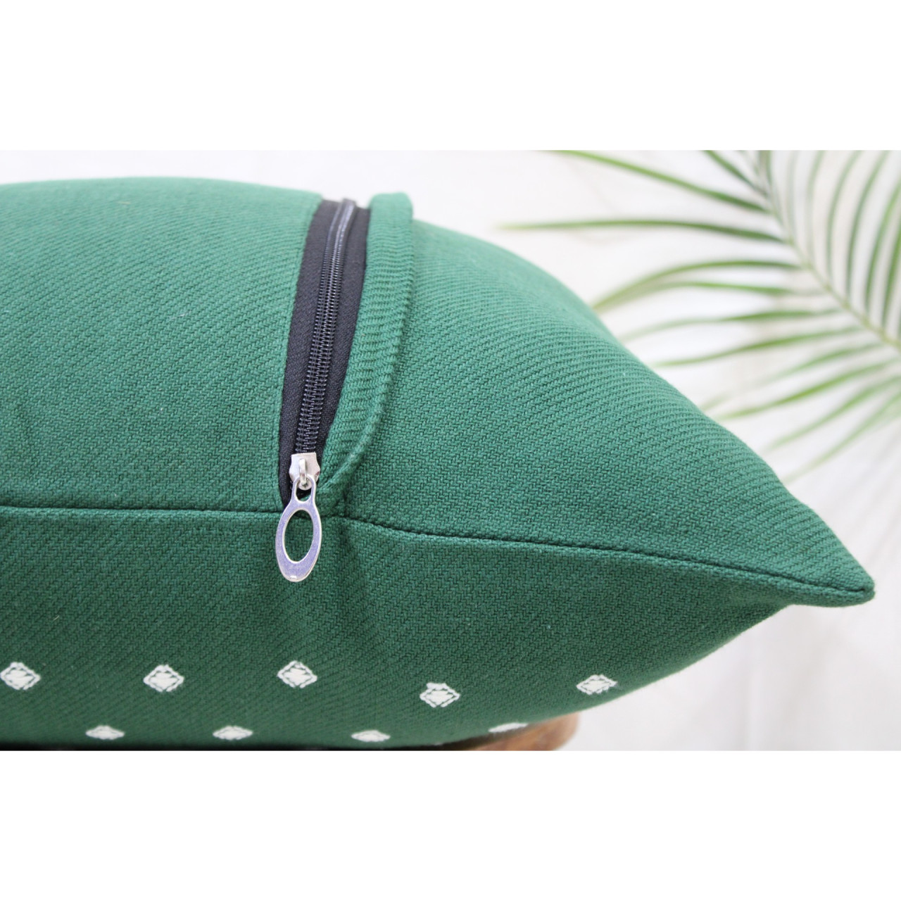 (1469) Cotton Azo-free dyed Kutchy cushion cover from Kutch with kala cotton extra-weft - Green, white, motif
