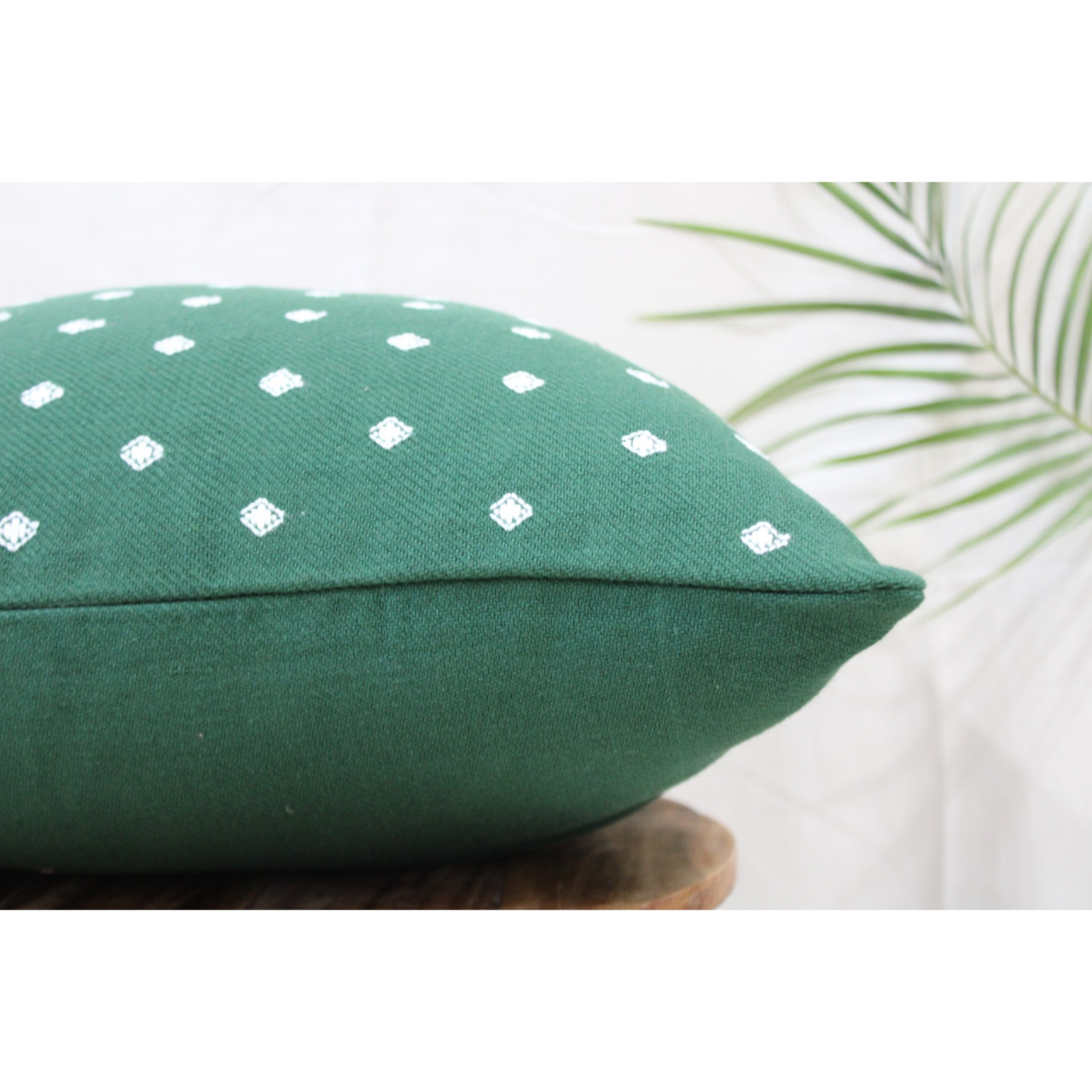 (1469) Cotton Azo-free dyed Kutchy cushion cover from Kutch with kala cotton extra-weft - Green, white, motif