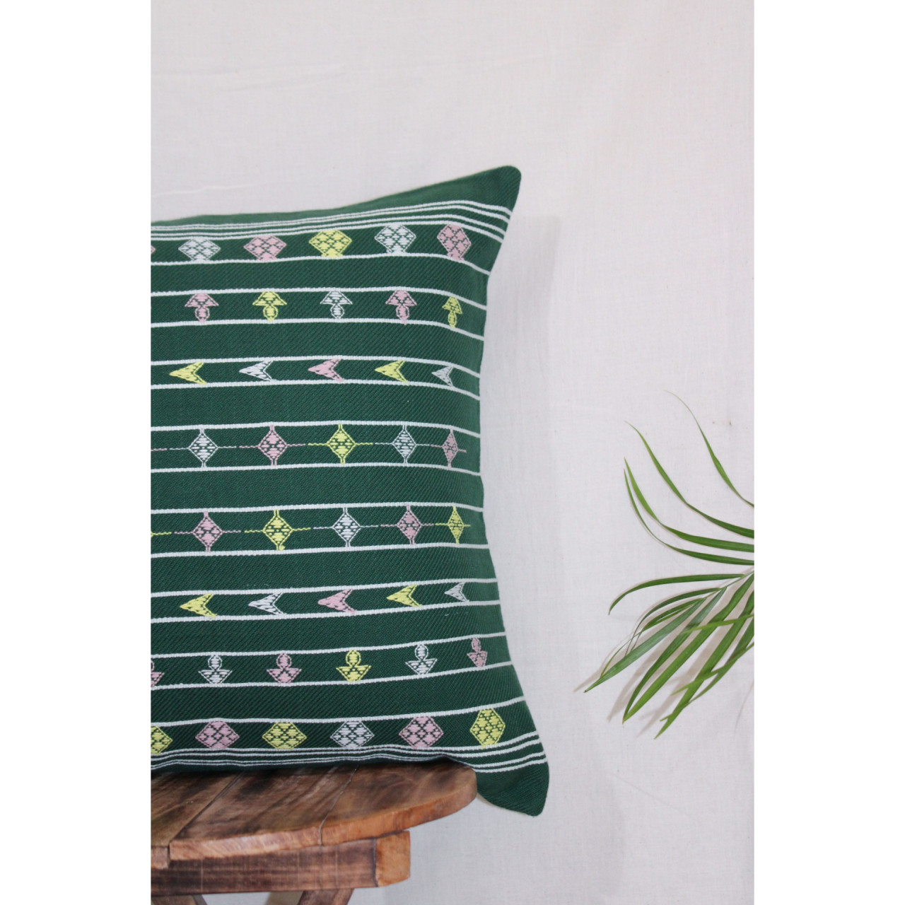 (1470) Kala cotton Azo-free dyed Kutchy cushion cover from Kutch with kala cotton extra-weft and kala cotton extra-weft - Green, white, pink, yellow, stripes