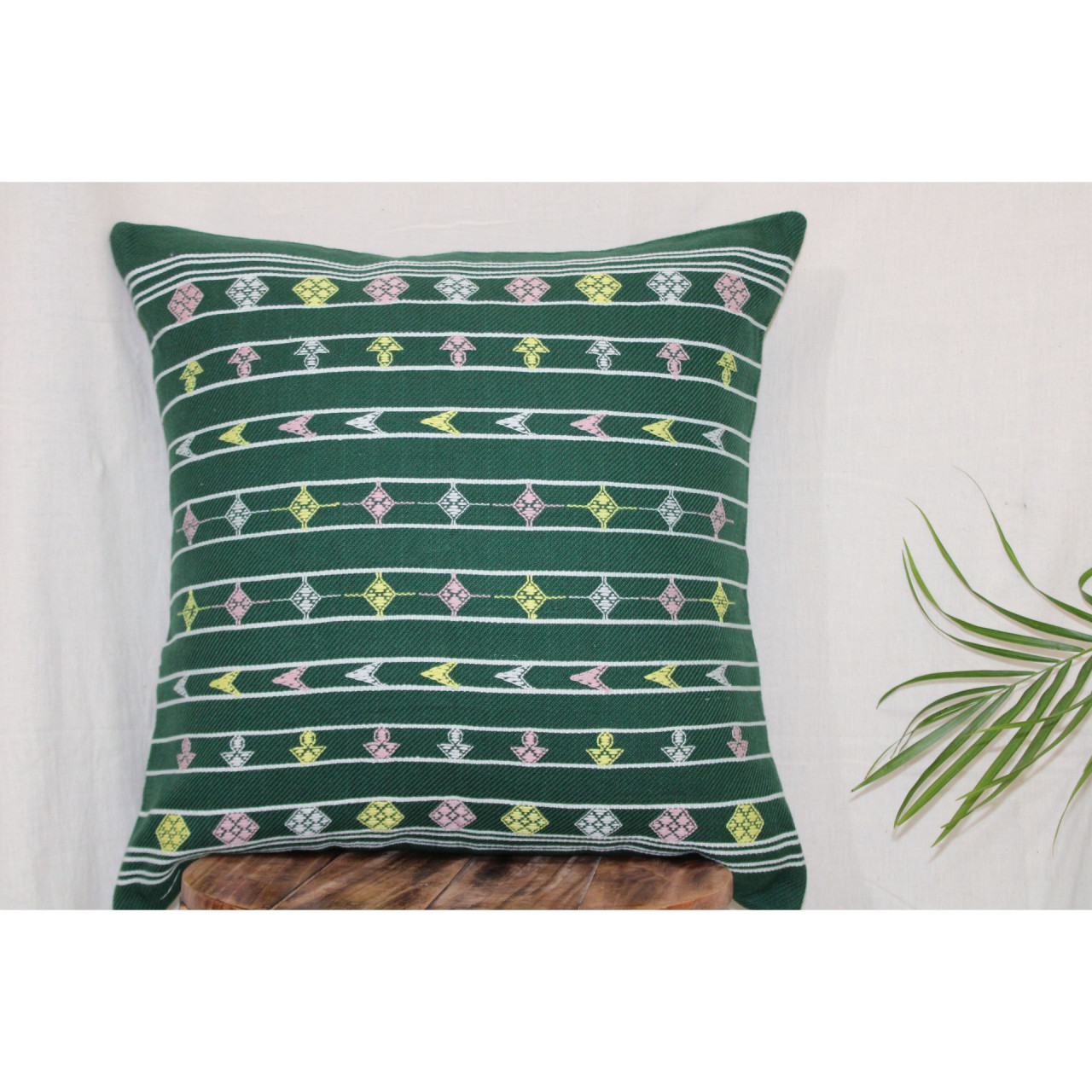 (1470) Kala cotton Azo-free dyed Kutchy cushion cover from Kutch with kala cotton extra-weft and kala cotton extra-weft - Green, white, pink, yellow, stripes