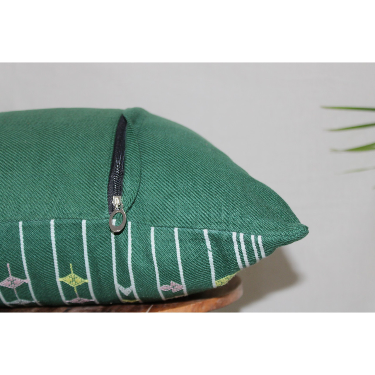 (1470) Kala cotton Azo-free dyed Kutchy cushion cover from Kutch with kala cotton extra-weft and kala cotton extra-weft - Green, white, pink, yellow, stripes