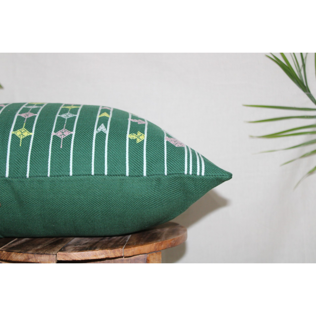 (1470) Kala cotton Azo-free dyed Kutchy cushion cover from Kutch with kala cotton extra-weft and kala cotton extra-weft - Green, white, pink, yellow, stripes
