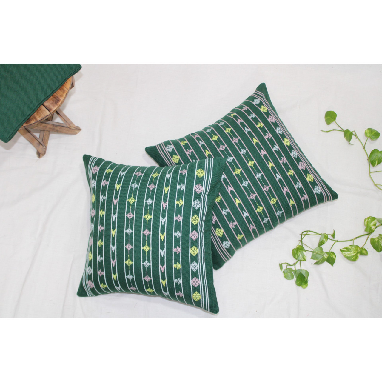 (1470) Kala cotton Azo-free dyed Kutchy cushion cover from Kutch with kala cotton extra-weft and kala cotton extra-weft - Green, white, pink, yellow, stripes