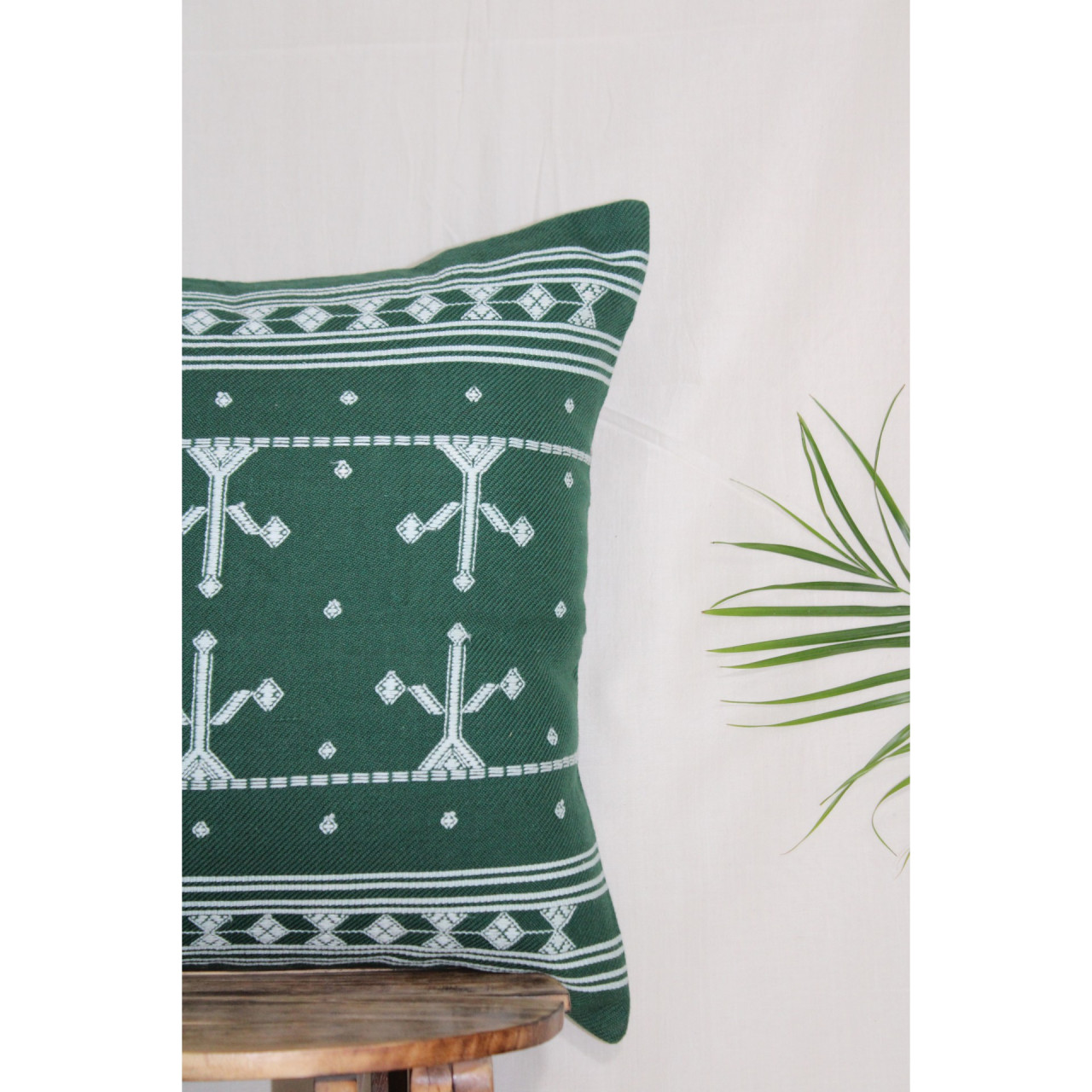 (1471) Kala cotton Azo-free dyed Kutchy cushion cover from Kutch with kala cotton motifs and kala cotton motifs - Green, white, motif, stripes