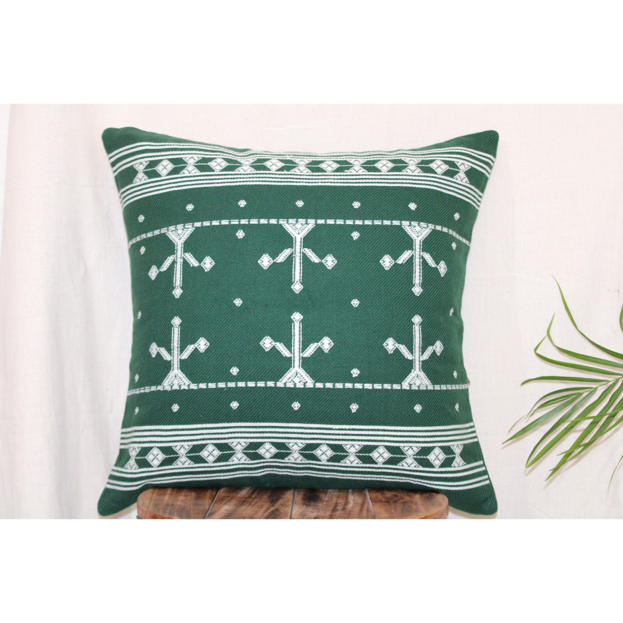 (1471) Kala cotton Azo-free dyed Kutchy cushion cover from Kutch with kala cotton motifs and kala cotton motifs - Green, white, motif, stripes