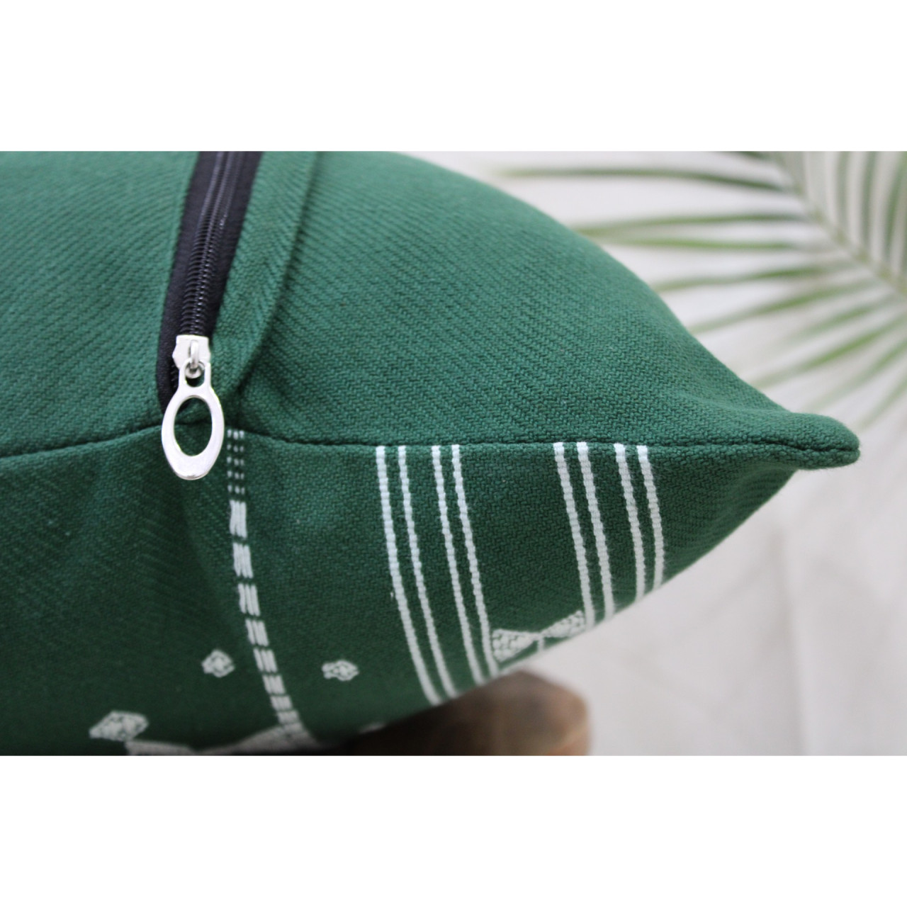 (1471) Kala cotton Azo-free dyed Kutchy cushion cover from Kutch with kala cotton motifs and kala cotton motifs - Green, white, motif, stripes