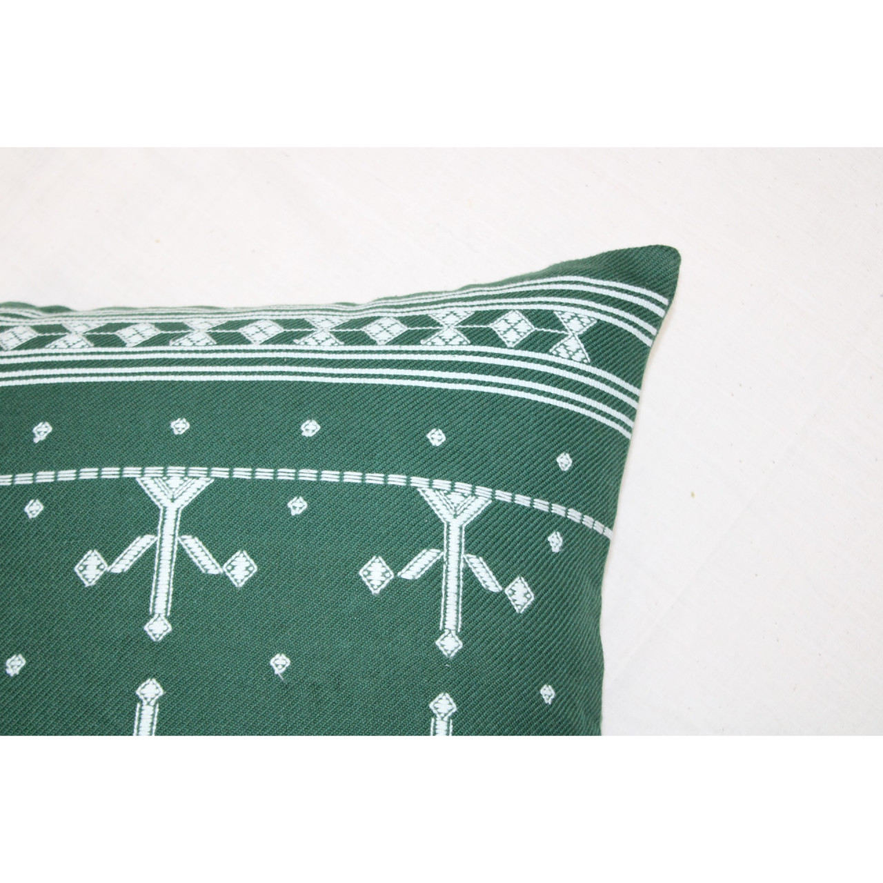 (1471) Kala cotton Azo-free dyed Kutchy cushion cover from Kutch with kala cotton motifs and kala cotton motifs - Green, white, motif, stripes