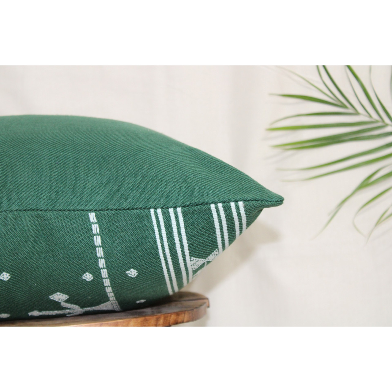 (1471) Kala cotton Azo-free dyed Kutchy cushion cover from Kutch with kala cotton motifs and kala cotton motifs - Green, white, motif, stripes