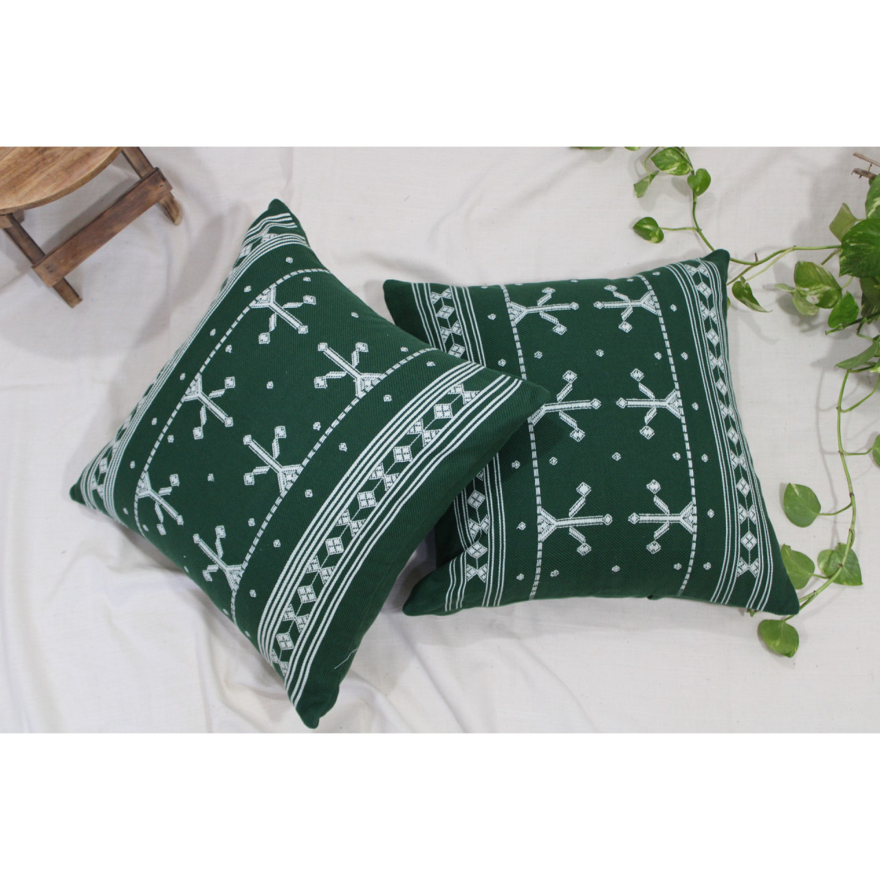 (1471) Kala cotton Azo-free dyed Kutchy cushion cover from Kutch with kala cotton motifs and kala cotton motifs - Green, white, motif, stripes
