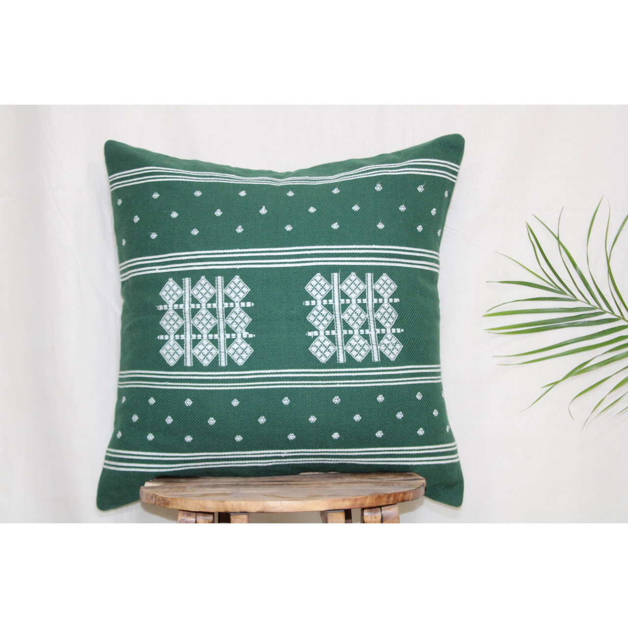 (1472) Kala cotton Azo-free dyed Kutchy cushion cover from Kutch with kala cotton motifs and kala cotton motifs - Green, white, motif, stripes