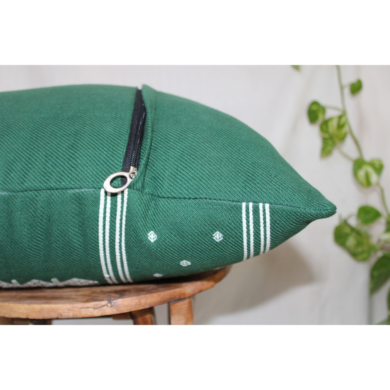 (1472) Kala cotton Azo-free dyed Kutchy cushion cover from Kutch with kala cotton motifs and kala cotton motifs - Green, white, motif, stripes