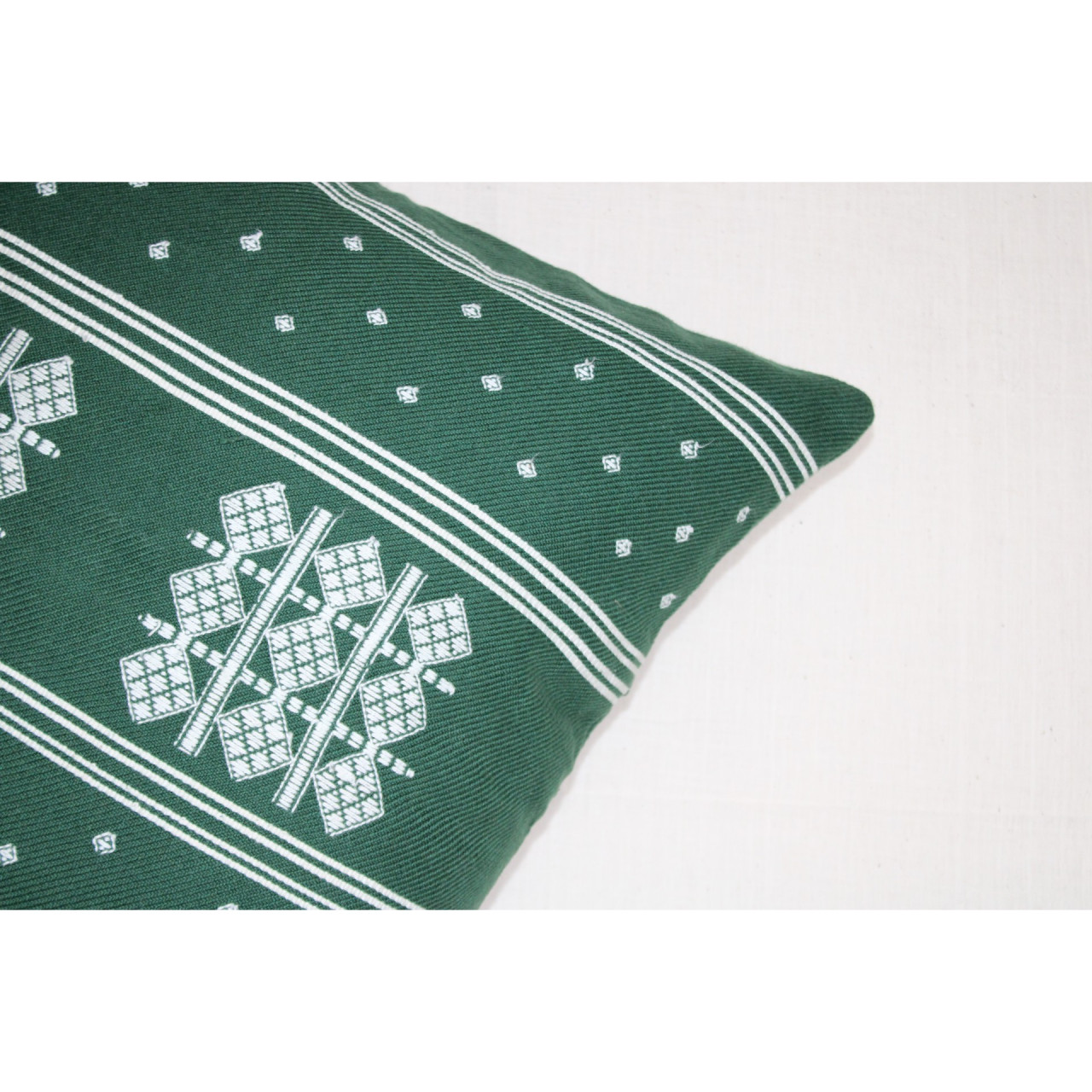 (1472) Kala cotton Azo-free dyed Kutchy cushion cover from Kutch with kala cotton motifs and kala cotton motifs - Green, white, motif, stripes