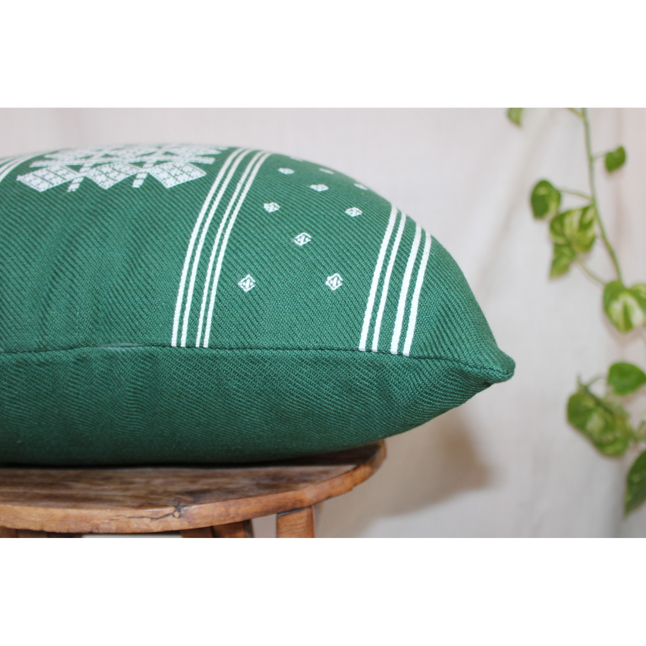 (1472) Kala cotton Azo-free dyed Kutchy cushion cover from Kutch with kala cotton motifs and kala cotton motifs - Green, white, motif, stripes