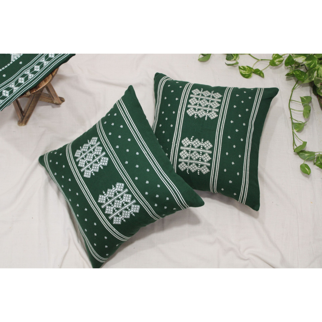 (1472) Kala cotton Azo-free dyed Kutchy cushion cover from Kutch with kala cotton motifs and kala cotton motifs - Green, white, motif, stripes