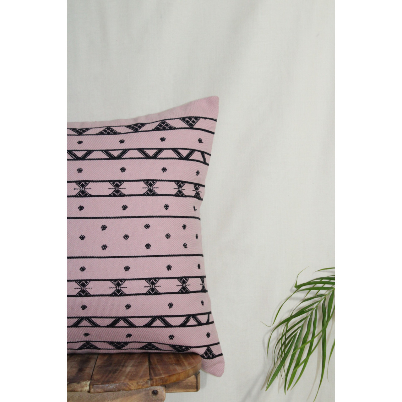 (1475) Kala cotton Azo-free dyed Kutchy cushion cover from Kutch with kala cotton motifs and kala cotton motifs - Peach, black, motif, stripes