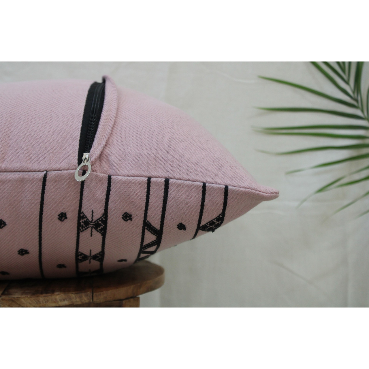 (1475) Kala cotton Azo-free dyed Kutchy cushion cover from Kutch with kala cotton motifs and kala cotton motifs - Peach, black, motif, stripes