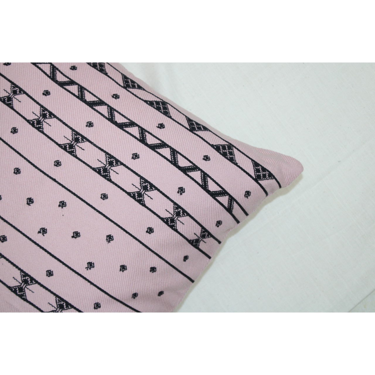 (1475) Kala cotton Azo-free dyed Kutchy cushion cover from Kutch with kala cotton motifs and kala cotton motifs - Peach, black, motif, stripes
