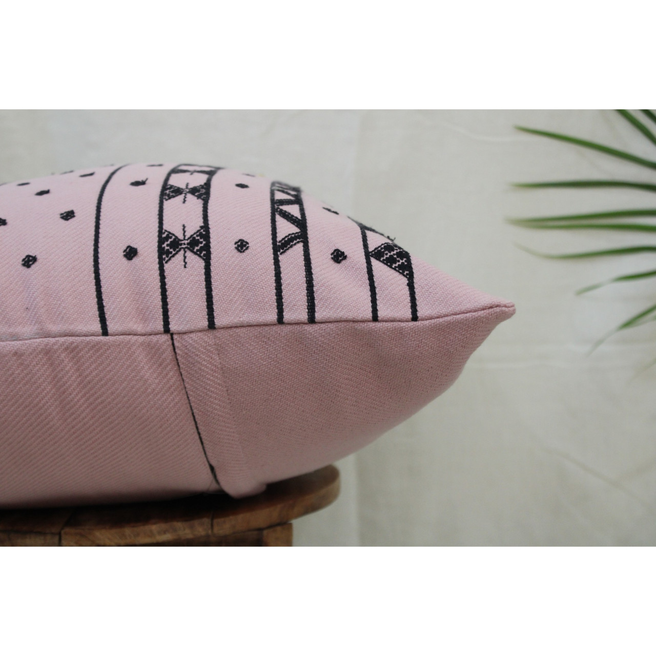 (1475) Kala cotton Azo-free dyed Kutchy cushion cover from Kutch with kala cotton motifs and kala cotton motifs - Peach, black, motif, stripes