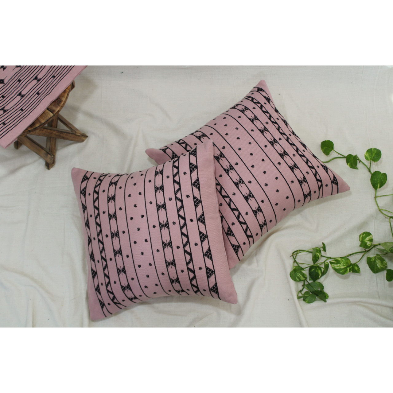 (1475) Kala cotton Azo-free dyed Kutchy cushion cover from Kutch with kala cotton motifs and kala cotton motifs - Peach, black, motif, stripes