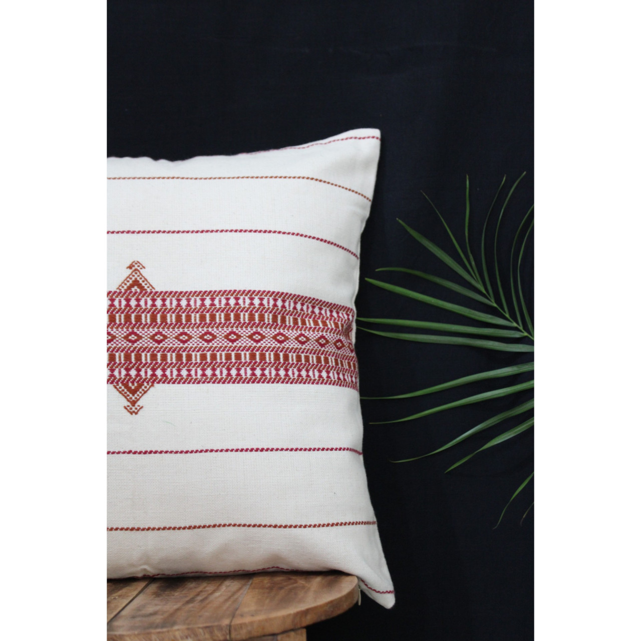 (1484) Organic kala cotton Azo-free dyed Kutchy cushion cover from Kutch with organic kala cotton motifs and organic kala cotton motifs - Maroon, off white, motif, stripes, extra weft